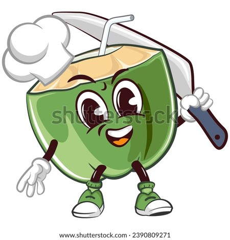 coconut drink character mascot with straw with funny face in chef hat carrying kitchen knife, isolated cartoon vector illustration. emoticon, cute coconut mascot