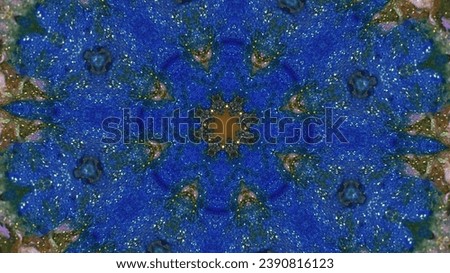 Abstract background. Glitter kaleidoscope. Hypnotic ornament. Vibrant blue gold shiny particles fluid ink hypnotic shapes motion in psychedelic effect art.