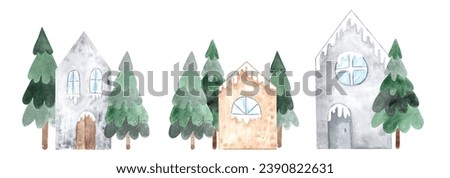 Set of watercolor different cute cozy little houses in grey beige colors and spruce fir christmas trees forest isolated aquarelle design elements for cards.