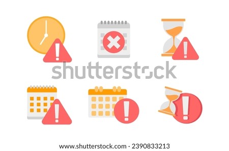 Clock or calendar exclamation alert icon collection set. Reminder schedule with exclamation sign deadline. Expired date symbol concept for date expire or deadline schedule Illustration vector Royalty-Free Stock Photo #2390833213