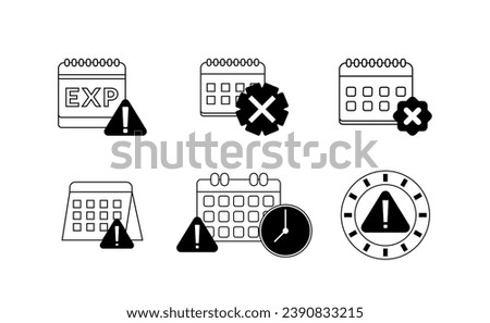 Clock or calendar exclamation alert icon collection set. Reminder schedule with exclamation sign deadline. Expired date symbol concept for date expire or deadline schedule Illustration vector Royalty-Free Stock Photo #2390833215