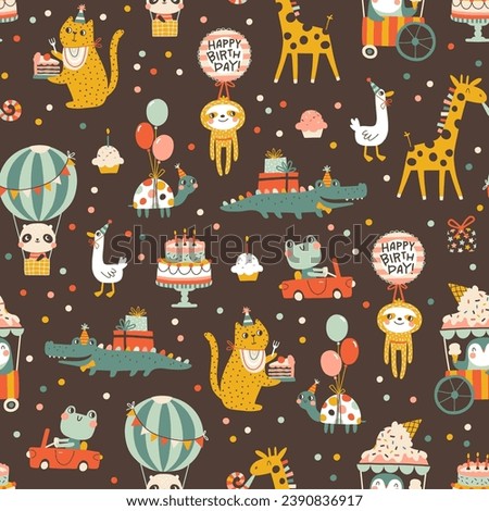 Birthday seamless pattern with cute animals. Vector hand drawn cartoon illustration of festive elements and funny characters. Vintage cheerful pastel palette is perfect for gift wrapping