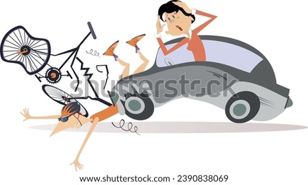 Traffic accident. Bike accident - collisions with car. 
A car driven by a woman hits a cyclist. Road collision with cyclist involved
