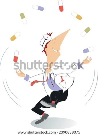 Cartoon doctor juggling the pills.
Cheerfulness doctor juggling the pills. Isolated on white background
