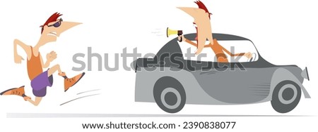 Running man and riding on the car coach or supporter illustration. 
Trainer or supporter with megaphone rides on the car in front of the running man and supports him. Isolated on white background
