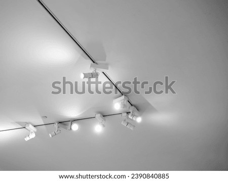 Gallery lighting, white LED picture light fixtures for art paintings or photography. Modern stainless steel track lights hanging on white ceiling background.