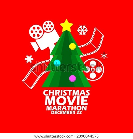 National Christmas Movie Marathon Day event banner. Christmas tree icon with camera, film roll, film tape and snowflakes, with bold text on red background to celebrate on December 23