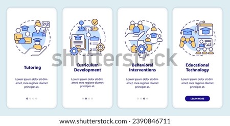 2D icons representing learning theories mobile app screen set. Walkthrough 4 steps colorful graphic instructions with line icons concept, UI, UX, GUI template.