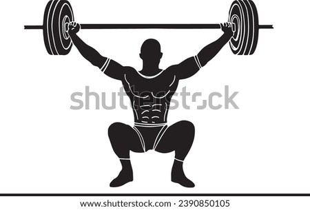 Weightlifting Silhouette: Bodybuilder Lifting Barbell Vector, Powerful Lift: Black and White Weightlifter Silhouette Art, Vector Drawing: Silhouette of Bodybuilder with Barbell Royalty-Free Stock Photo #2390850105
