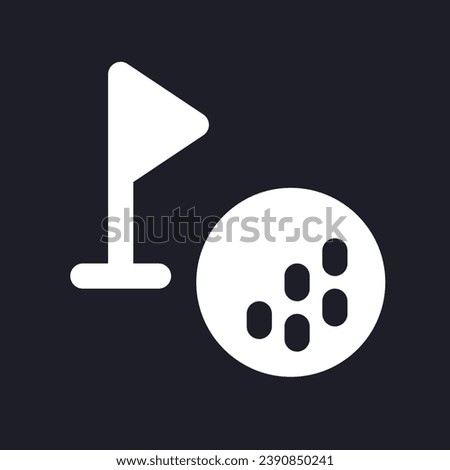 Golf ball and cup tag dark mode glyph ui icon. Sports hobby. User interface design. White silhouette symbol on black space. Solid pictogram for web, mobile. Vector isolated illustration