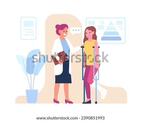 Woman doctor consoling girl on crutches with cast on leg. Patients treatment. Physicians appointment. Clinic consultation. Medical specialists. Injured foot examination Royalty-Free Stock Photo #2390851993