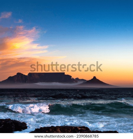 Table Mountain, an iconic flat-topped peak in Cape Town, South Africa, offers breathtaking vistas, rich biodiversity, and a cable car journey to its summit. Royalty-Free Stock Photo #2390868785