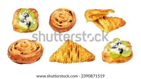 A set of Danish pastry isolated with clipping path, no shadow in white background, homemade dessert bakery pastry