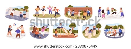 Happy children playing outside. Kids friends, girls and boys during active games, fun, activities, entertainments outdoors at childs playground. Flat vector illustrations isolated on white background Royalty-Free Stock Photo #2390875449