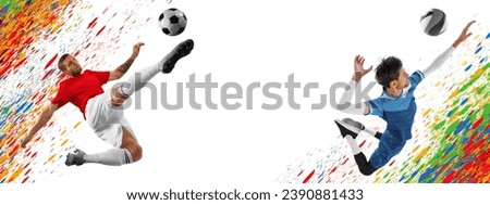 Modern creative set with two male sportsman, professional volleyball and soccer player in motion against colorful splashes with negative space for text. Concept of team sport, world cup, hobby. Ad Royalty-Free Stock Photo #2390881433