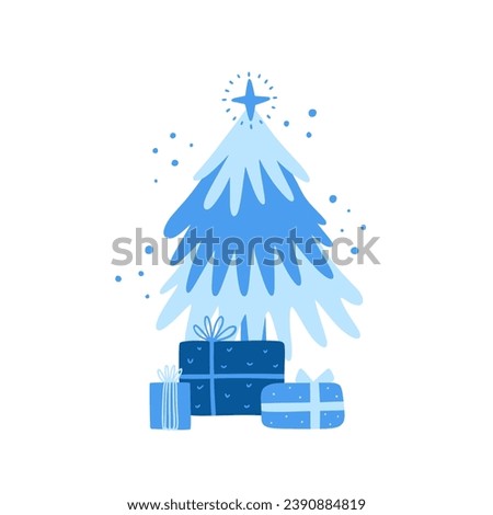Blue Christmas tree and presents. Christmas card vector illustration. Gifts and Christmas tree