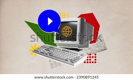 Poster. Contemporary art collage. retro personal computer with sign of network and sign of video content isolated background craft-paper effect. Concept of business, money, entrepreneurship, marketing