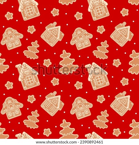 Christmas seamless pattern with gingerbread houses, fir trees, stars and snowflakes. Festive red background, vector