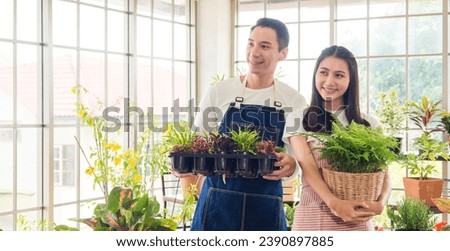 Portrait gardener young asian man woman two person standing smiling looking hand holding help decorate tree leaf green in calm work in room shop home plant white wall. hobby job happy and care concept