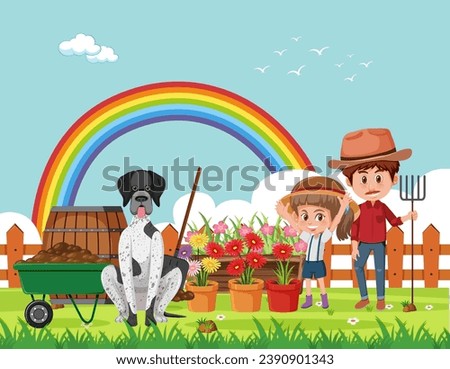 A heartwarming scene of a father, daughter, and their dog planting flowers together under a beautiful rainbow