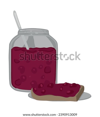 Jam spread on piece of toast bread, glass jar with jelly. Doodle of sweet homemade winter season food. Cartoon vector illustration. Contemporary clip art isolated on white.