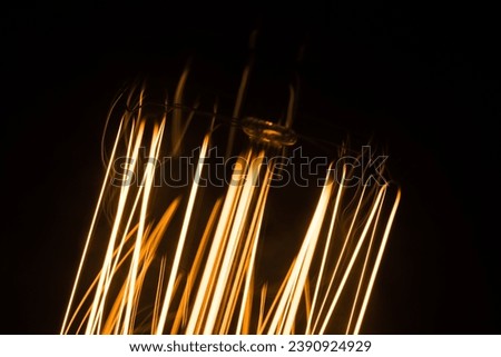 Tungsten filament of an old lamp glowing in dark, macro photo with selective soft focus Royalty-Free Stock Photo #2390924929