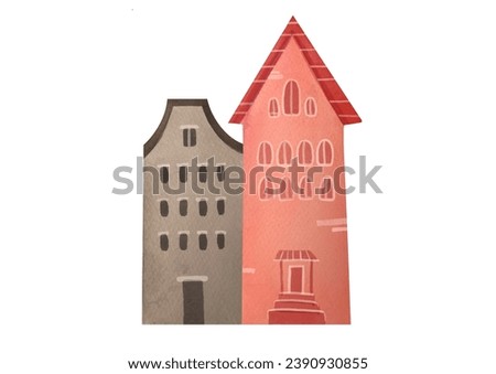 suburban stone European house set isolated on white background. Watercolor hand drawn illustration of vintage brick estate on old street. architecture, Cozy residence clipart and cutout