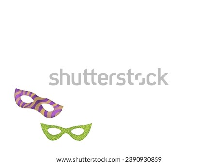 Mardi Gras carnival masks clip art layout. fat tuesday carnival mask template with copy space. festival masquerade accessories on white background for greetin card. green, yellow, purple colors
