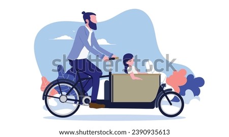 Riding cargo bike with child - Urban male parent riding young child in bike with box in front. Flat design vector illustration with white background