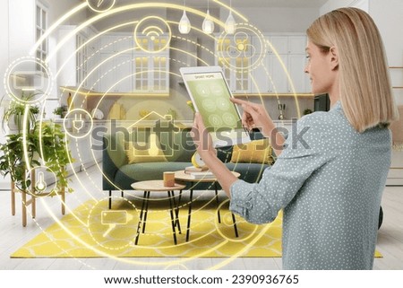 Woman using smart home control system via application on tablet indoors. Scheme with icons near her
