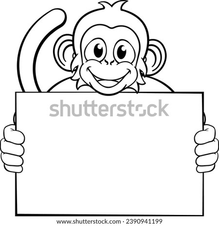 A monkey cute happy cartoon character animal holding a blank sign with copy-space