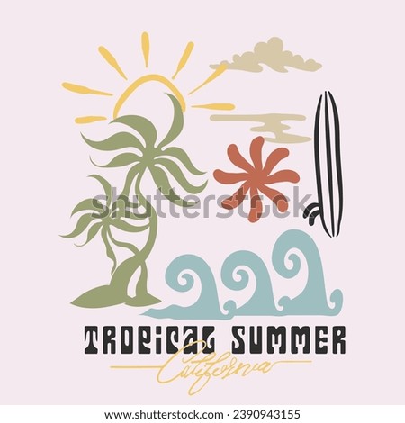  Tropical summer Boohoo Cartoon Elements in vector T-shirt Graphic, palm tree waves sun surfboard also text print in this design, modern hand dawn summer beach art