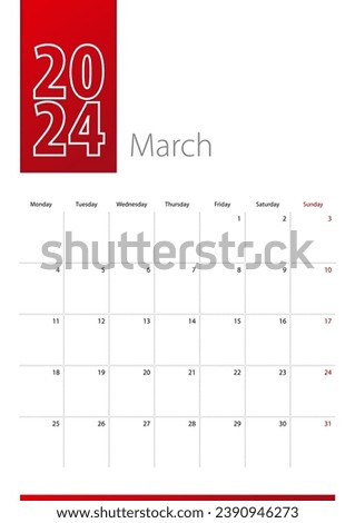 March 2024 calendar design. Week starts on Monday. Vertical 2024 calendar template.