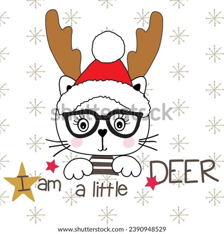 Cute Cartoon Christmas Cat with Deer Horns vector illustration.