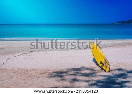 Many surfboards for rent at summer beach with sunlight blue sky background.