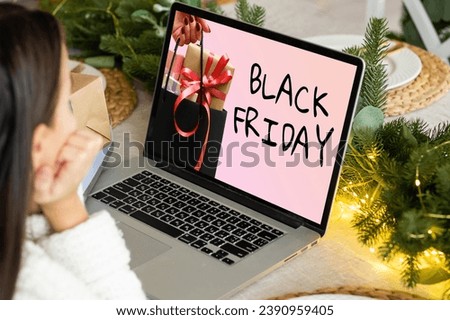 Black Friday and big sale in electronics store concept. Laptop