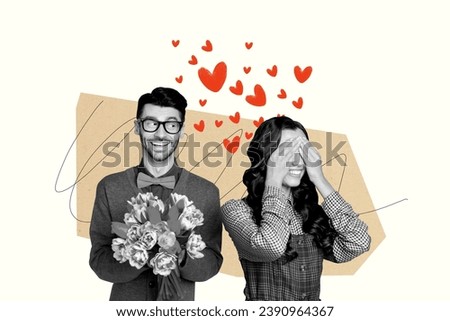 Collage sketch image of excited guy preparing girlfriend valentine day present isolated beige color background