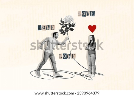 Photo comics sketch collage picture of funky boyfriend giving 14 february gift smiling lady isolated beige color background