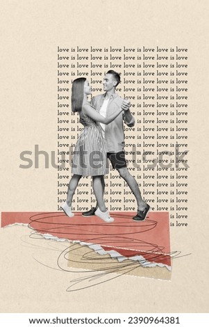 Magazine collage picture of dreamy adorable couple dancing 14 february event isolated beige color background