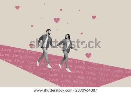 Artwork collage picture of two black white colors people hold arms running love hearts isolated on creative beige background