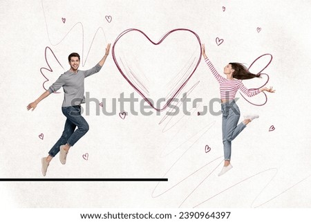 Artwork collage image of two people cupid drawing wings flying arms hold painted heart symbol isolated on white paper background