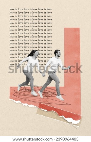 Exclusive picture sketch collage image of carefree excited lady guy running celebrating 14 february isolated creative background