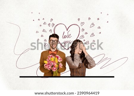 Creative collage picture of two idyllic partners guy hold flowers bouquet girl close eyes drawing heart love you isolated on paper background