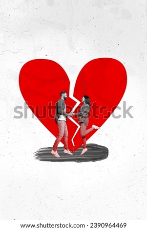 Vertical collage picture of two mini black white colors people jump hold arms big broken heart heal repair isolated on paper background