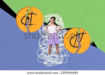 Artwork collage picture of unhappy sad lady having money devaluation problem isolated drawing background