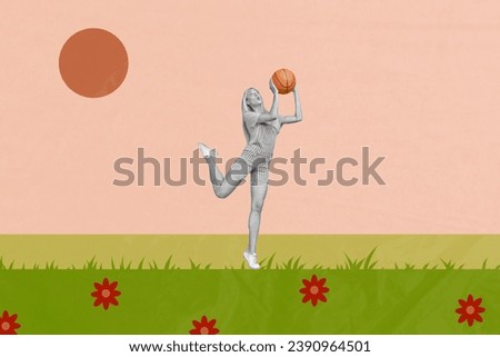 Collage artwork of excited smiling lady playing basketball outdoors summer green lawn isolated painting background