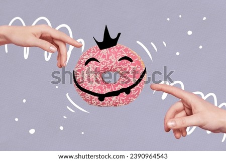 Creative drawing collage picture of funny cute charming sweet doughnut face crown fingers gesture point bizarre unusual fantasy billboard