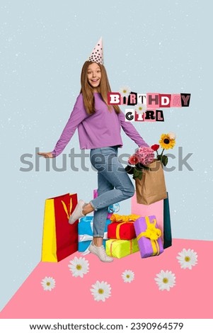 Creative drawing collage picture of funny cute little female celebrate birthday party have fun receive gifts magazine surrealism metaphor