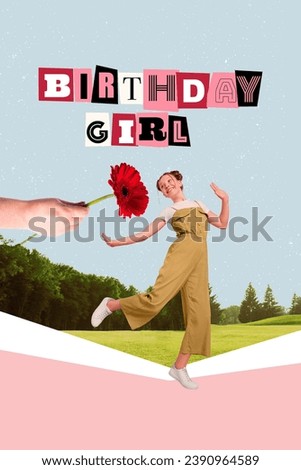 Composite collage picture image of cute teen girl celebrate birthday party have fun dance receive red gerbera magazine surrealism metaphor
