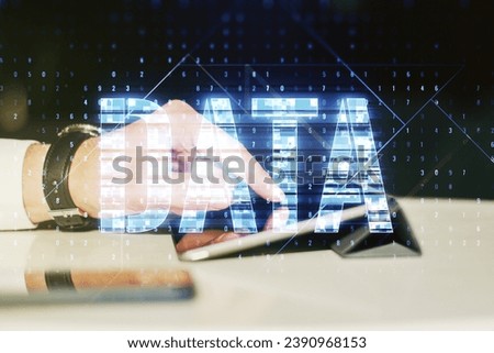 Creative Data word sign and finger clicks on a digital tablet on background. Multiexposure